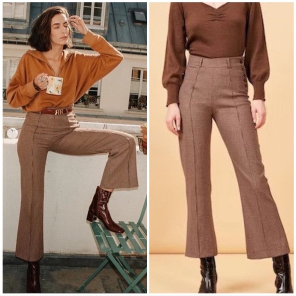 Rouje Giulietta High Waist Flared Trousers Brown Houndstooth Crop Boot Cut Pants